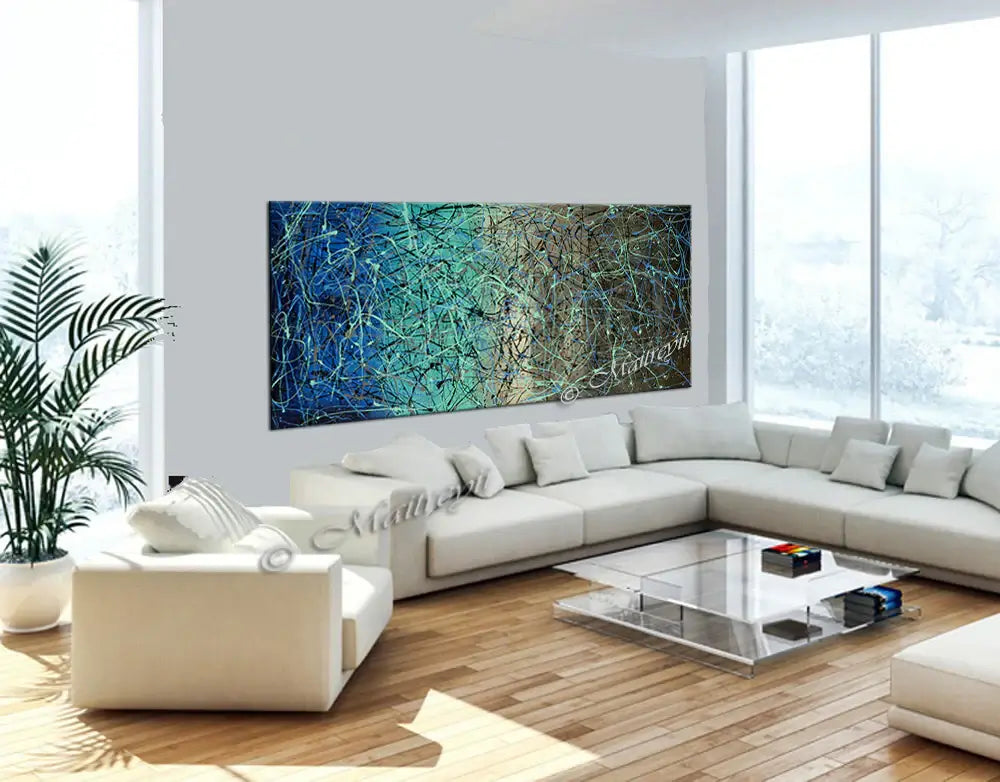 Jackson Pollock Style abstract canvas wall art displayed in a modern living room with vibrant colors and dynamic movement.