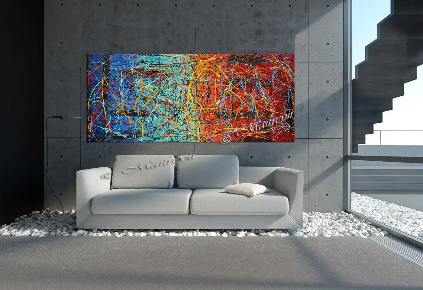 Jackson Pollock Style abstract canvas wall art displayed in a modern living room setting.