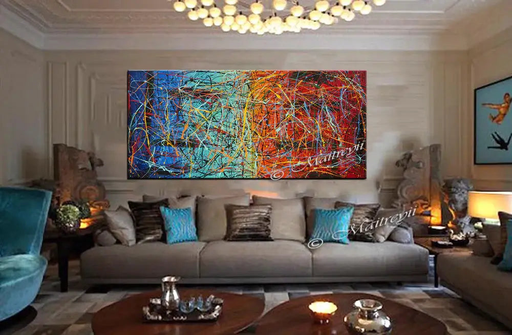 Jackson Pollock Style abstract canvas wall art displayed in a modern living room with colorful decor.