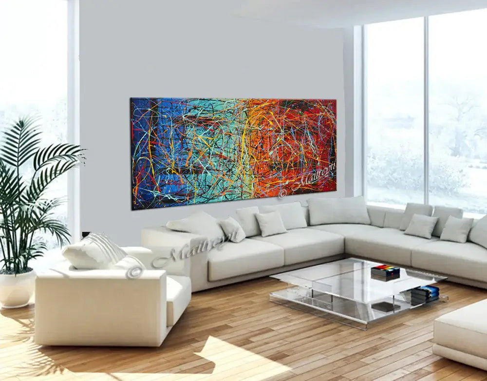 Jackson Pollock Style abstract canvas wall art displayed in a modern living room setting with bright colors and dynamic lines.