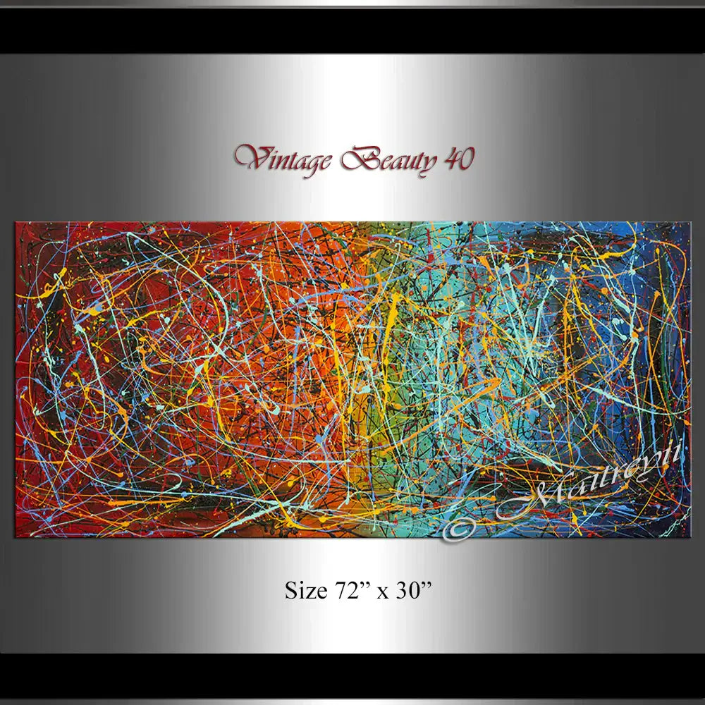 Jackson Pollock Style | Abstract canvas wall art titled Vintage Beauty 40, size 72" x 30", vibrant colors and dynamic energy.