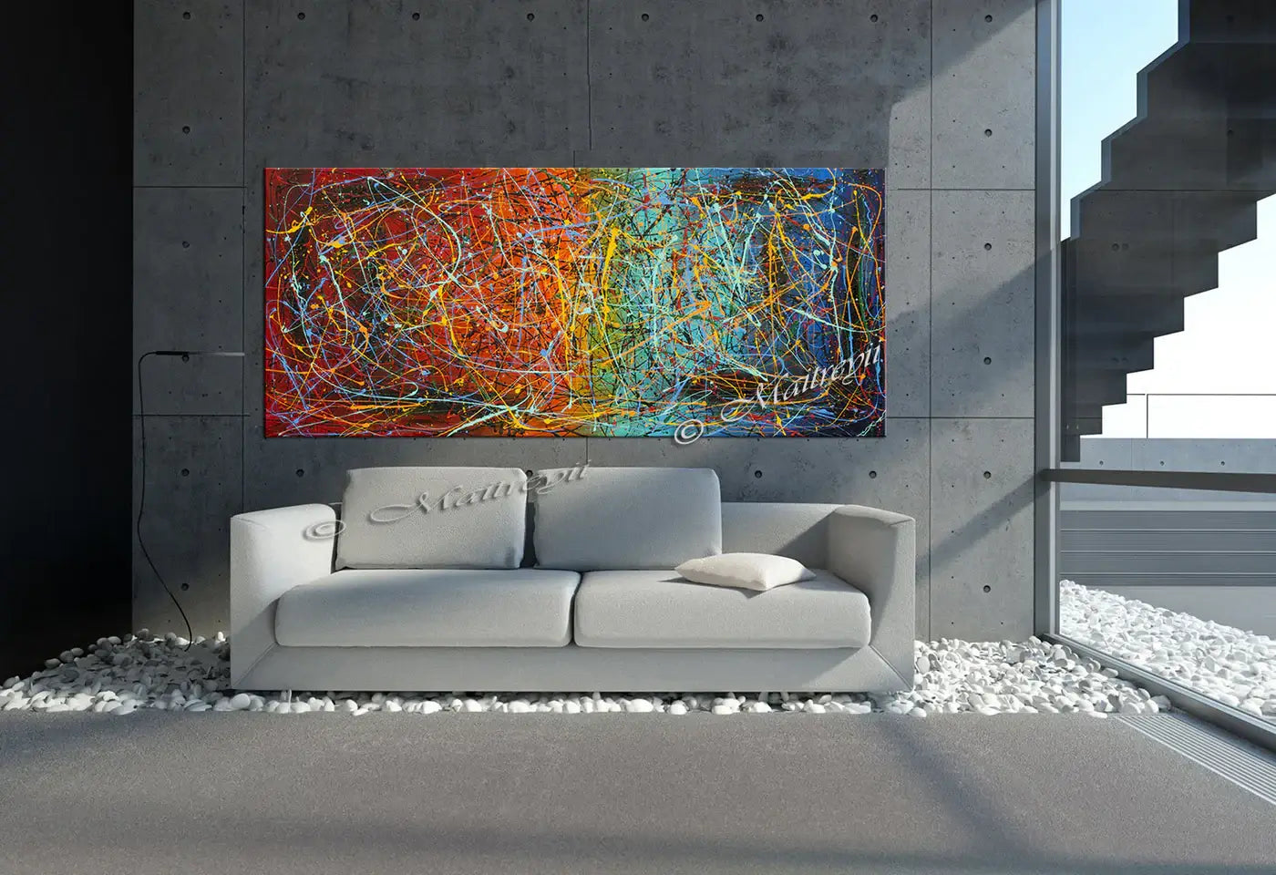 Jackson Pollock Style abstract canvas wall art displayed in a modern living room with a minimalist couch.