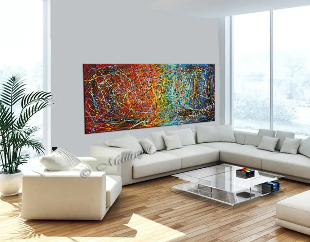 Jackson Pollock Style | Abstract Canvas Wall Art displayed in a modern living room setting with natural light.
