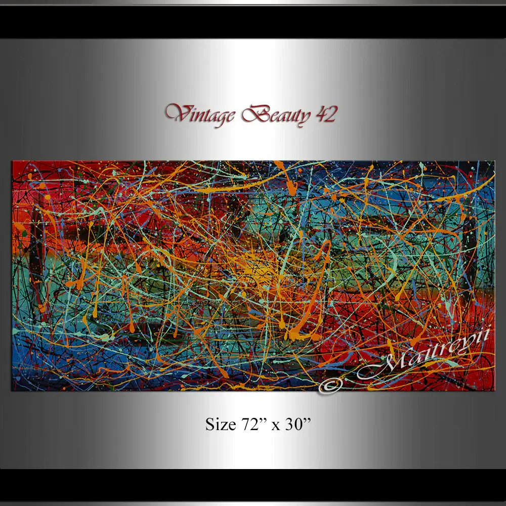 Jackson Pollock Style abstract canvas wall art titled Vintage Beauty 42, showcasing vibrant colors and dynamic textures.