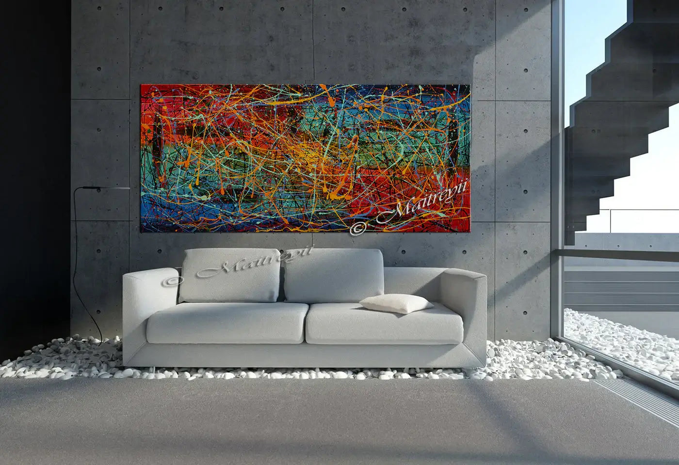 Jackson Pollock Style abstract canvas wall art displayed in a modern living room above a minimalist sofa.