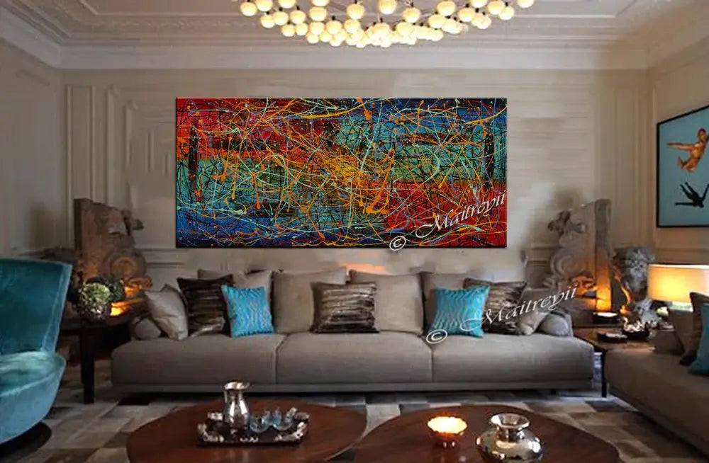 Jackson Pollock Style abstract canvas wall art displayed in a modern living room setting with stylish decor.