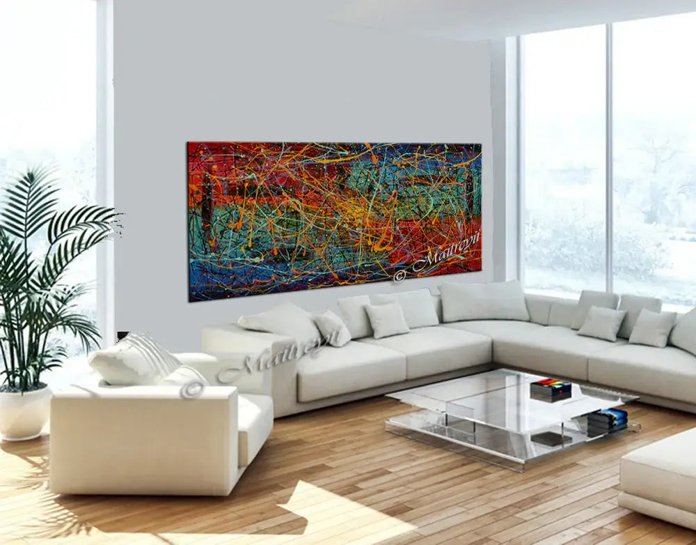 Jackson Pollock Style abstract canvas wall art displayed in a modern living room with bright colors and textures.