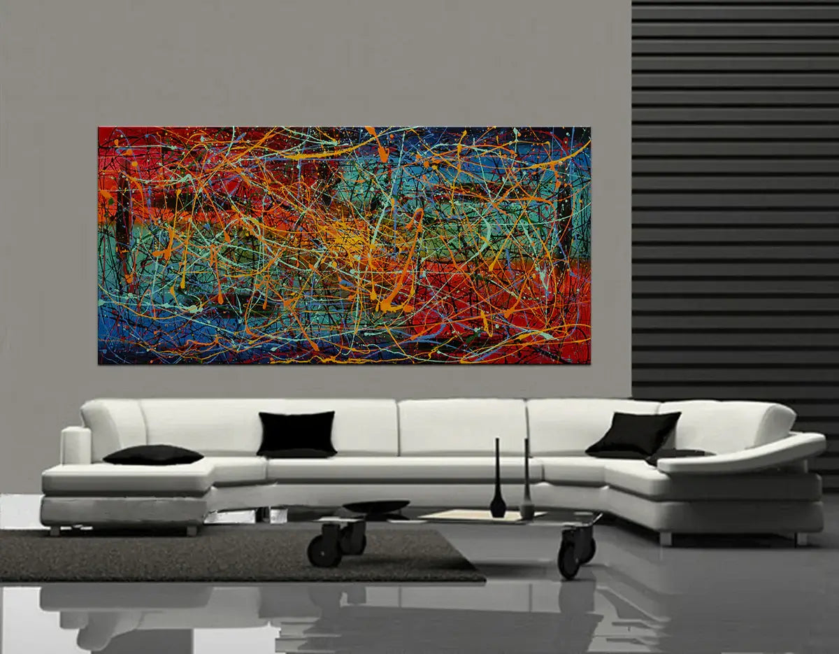 Abstract expressionist painting on a modern living room wall, showcasing vibrant colors and dynamic textures.