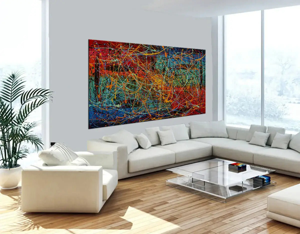 Bold abstract expressionist painting displayed in a stylish living room, showcasing vibrant colors and dynamic movement.