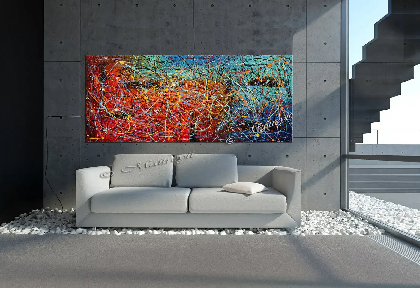 Jackson Pollock Style abstract canvas wall art displayed above a modern couch in a stylish interior.