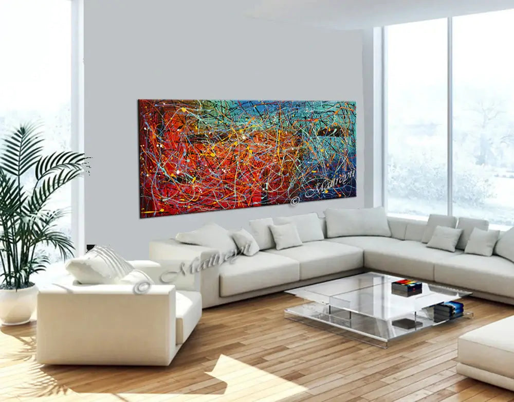 Jackson Pollock Style abstract canvas wall art displayed in a modern living room setting.