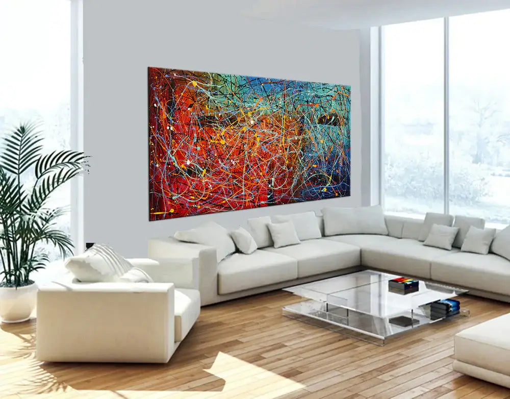 Jackson Pollock Style Painting displayed in a modern living room interior with large windows and contemporary furniture.
