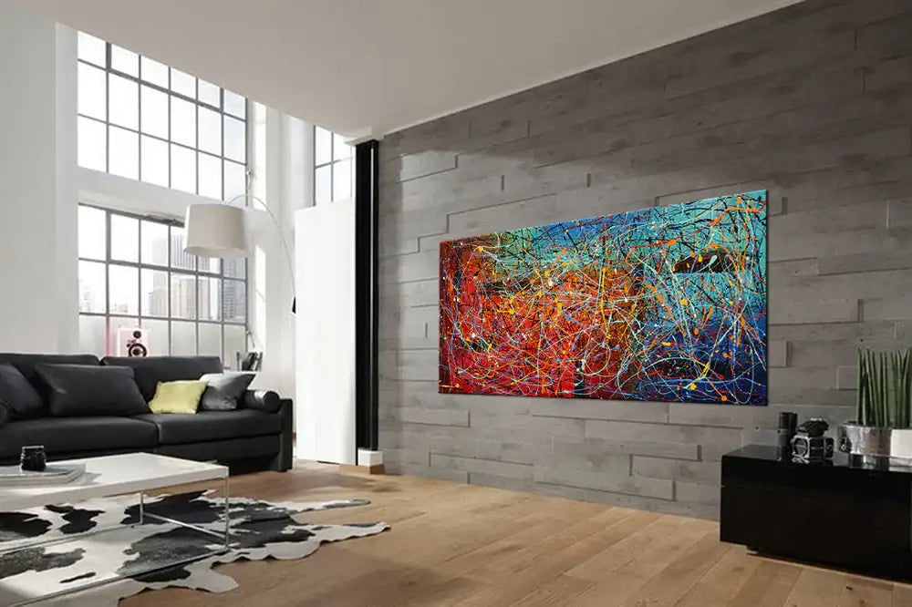 Jackson Pollock Style Painting displayed in a modern living room with natural light and contemporary decor.