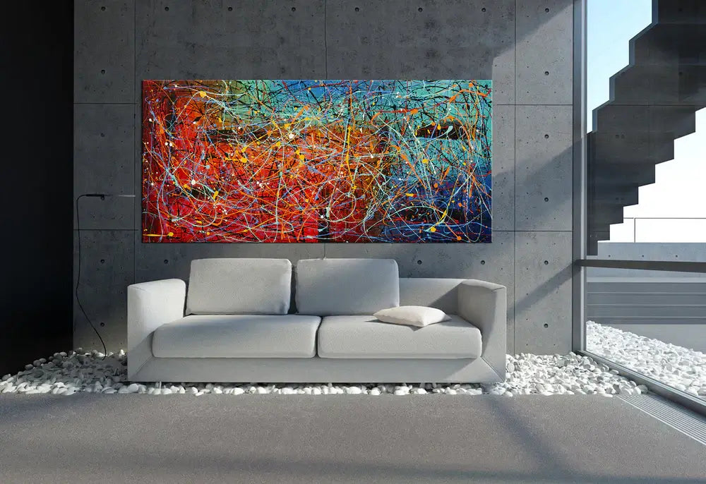 Jackson Pollock Style Painting displayed in a modern living room, showcasing vibrant abstract drip art.