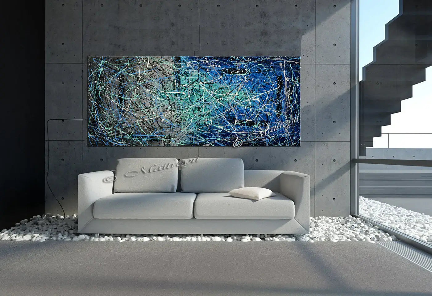 Jackson Pollock Style abstract canvas wall art displayed in a modern living room with a gray sofa.