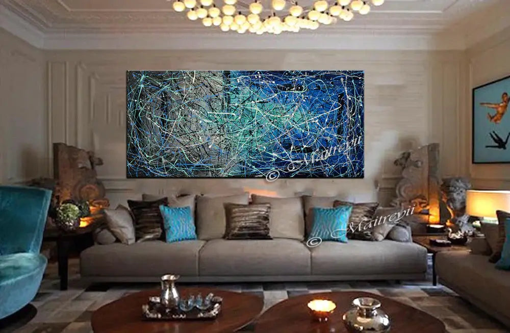 Jackson Pollock Style abstract canvas wall art in a modern living room setting with bold colors and textures.