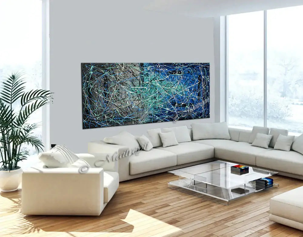 Jackson Pollock Style abstract canvas wall art displayed in a modern living room setting.