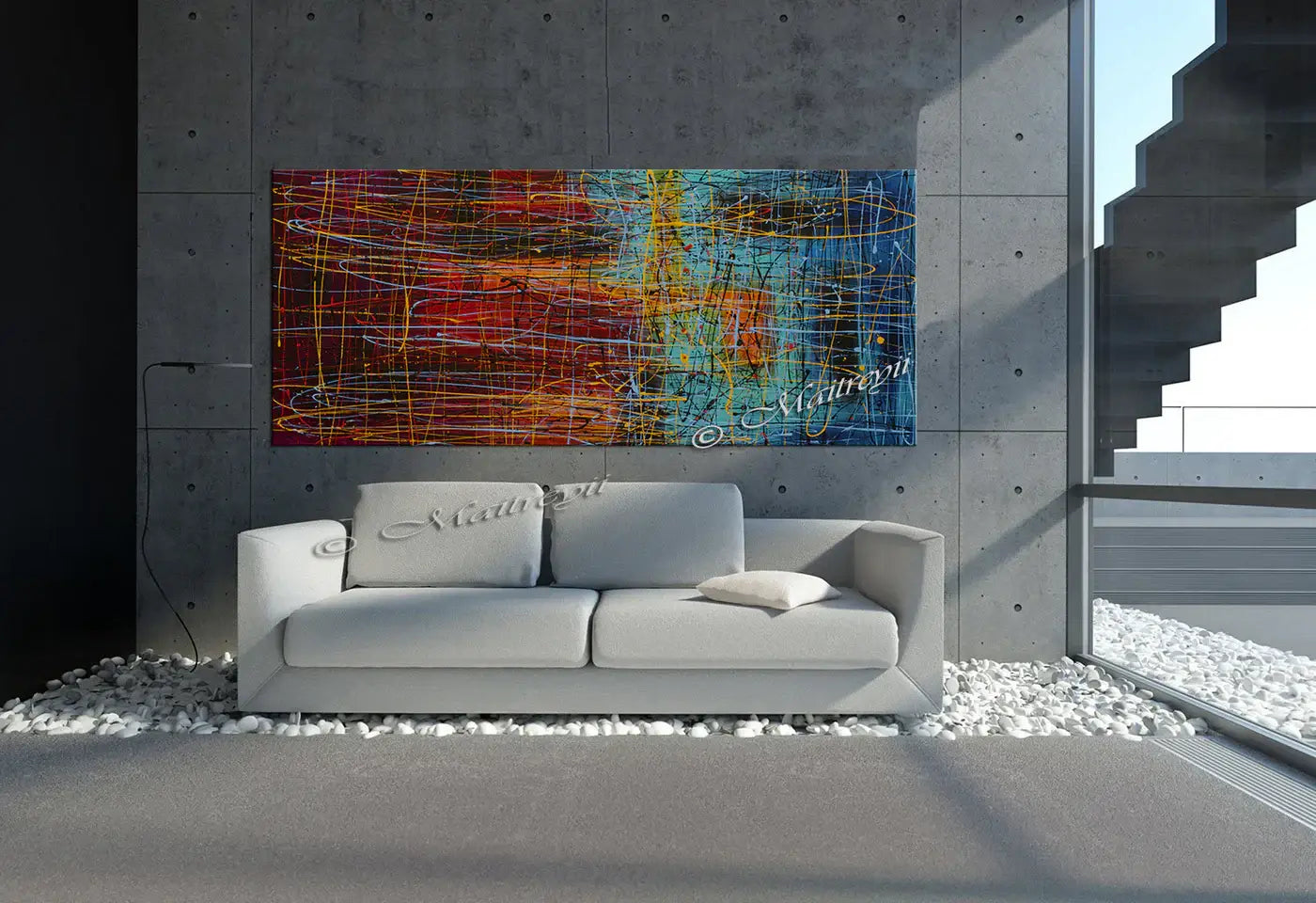 Jackson Pollock Style abstract canvas wall art displayed in a modern living room setting with a sofa.