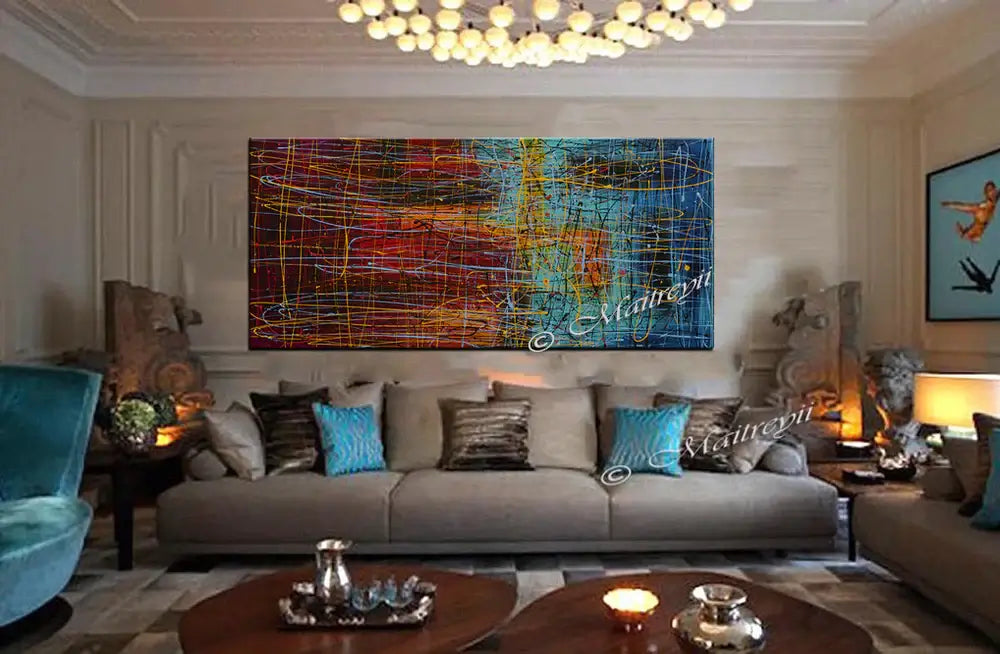 Jackson Pollock Style | Abstract Canvas Wall Art featuring vibrant colors in a modern living room setting.