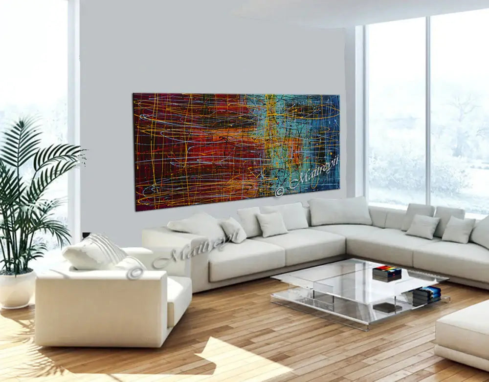 Jackson Pollock Style abstract canvas wall art displayed in a modern living room with ample natural light.