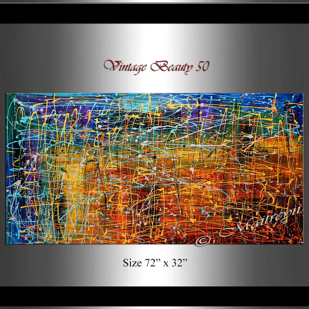 Jackson Pollock Style artwork Vintage Beauty 50, 72" x 32" size, showcasing vibrant colors and dynamic abstract expressionism.