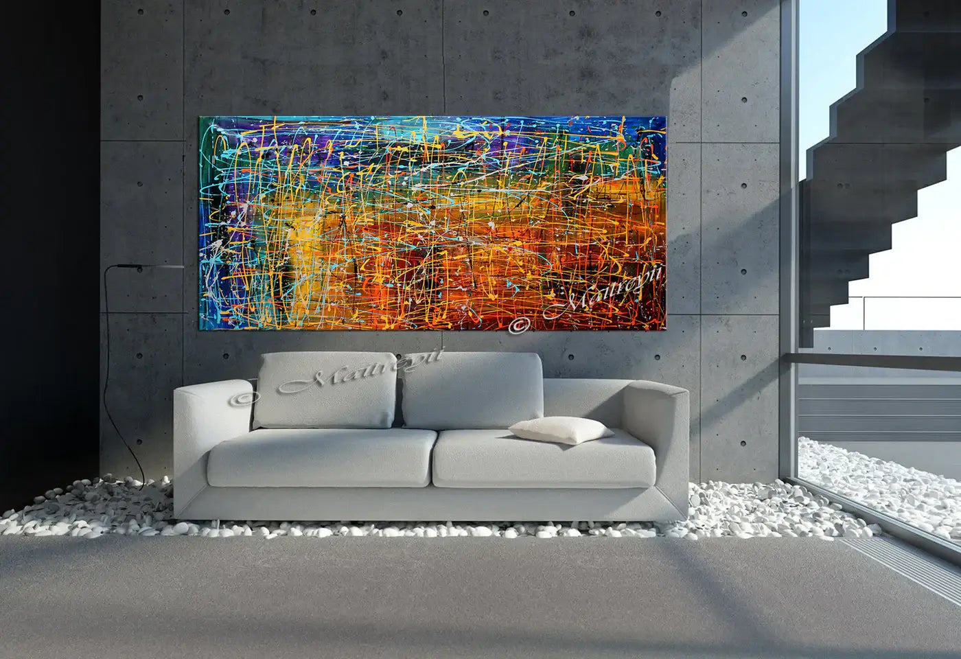 Jackson Pollock Style painting displayed in a modern luxury home interior with a minimalist design.
