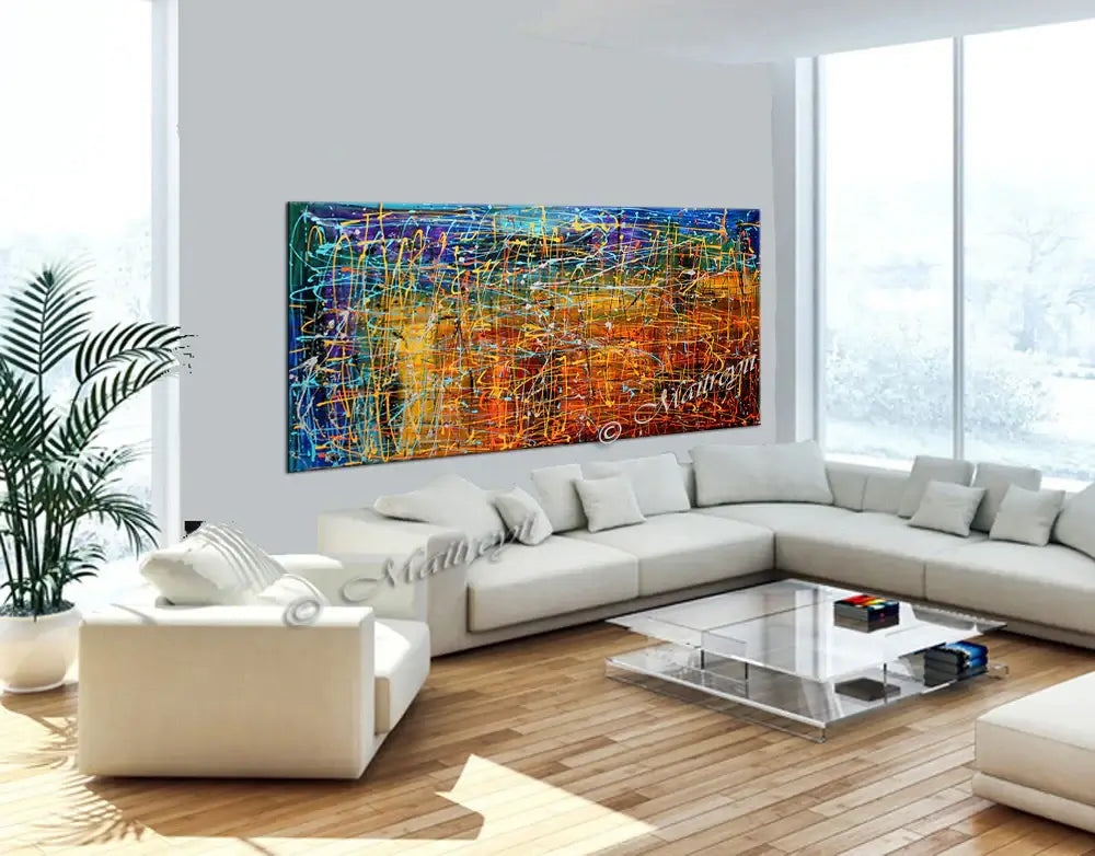 Jackson Pollock Style artwork in a modern living room, showcasing vibrant colors and dynamic movement.
