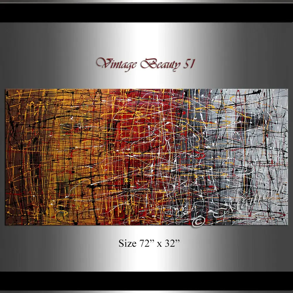 Pollock Inspired Art - Vintage Beauty 51, abstract canvas art featuring dynamic colors and textures in a large 72" x 32" size.