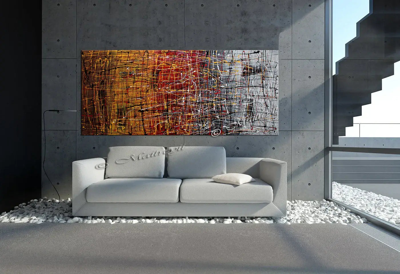 Pollock Inspired Art displayed in a modern living room featuring abstract canvas design.