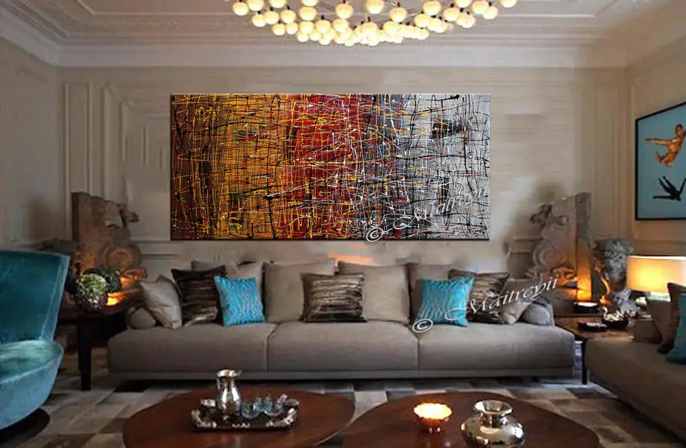 Pollock Inspired Art showcased in a modern living room with vibrant colors and dynamic textures on canvas.