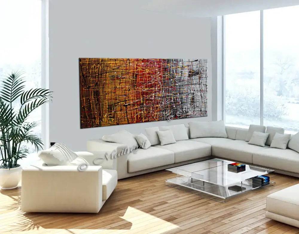 Pollock Inspired Art displayed in a modern living room featuring bright colors and abstract patterns.
