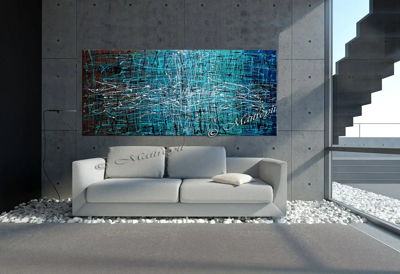 Abstract drip painting displayed in a modern living room featuring a concrete wall and minimalist decor.