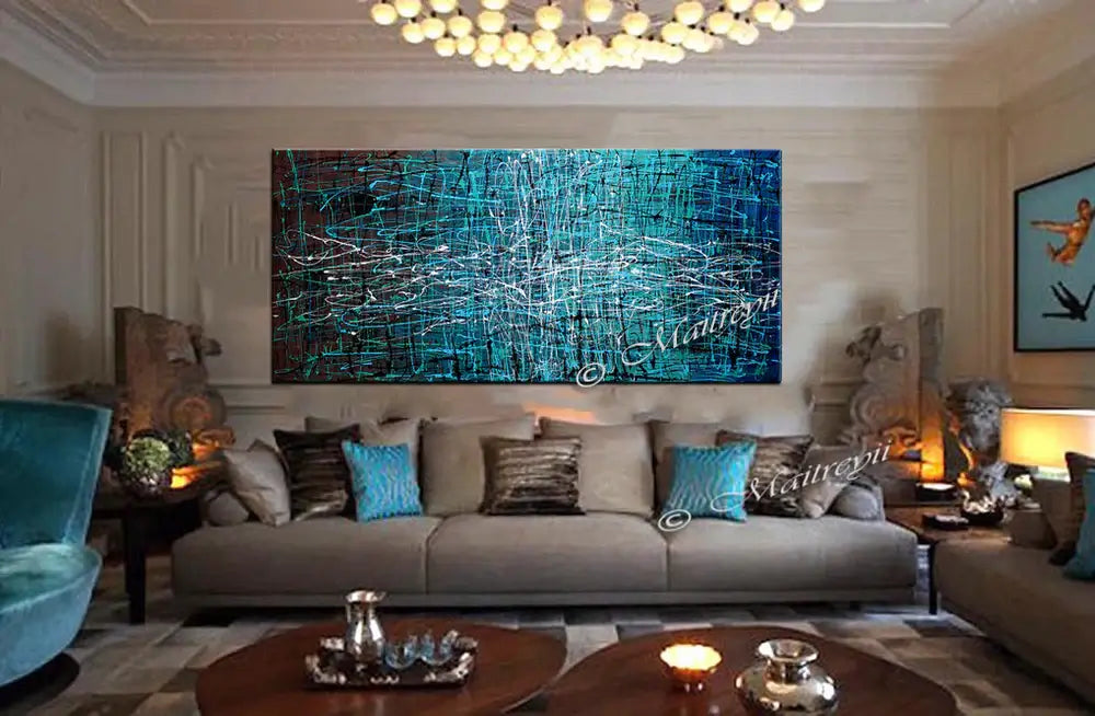 Living room featuring an Abstract drip painting on canvas, modern wall art in a stylish interior setting.