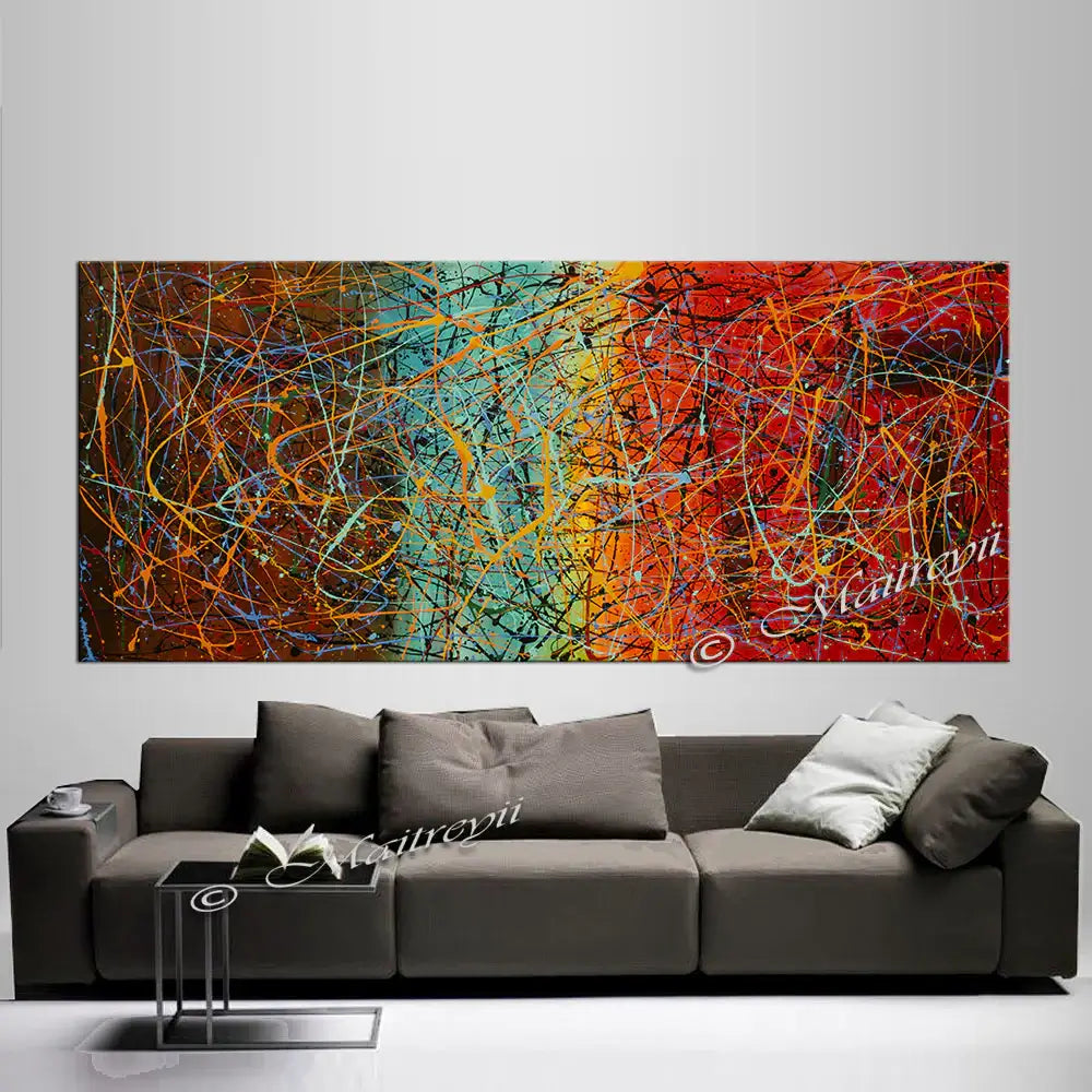 Jackson Pollock Style abstract artwork painting displayed above a modern sofa in an elegant living room setting.