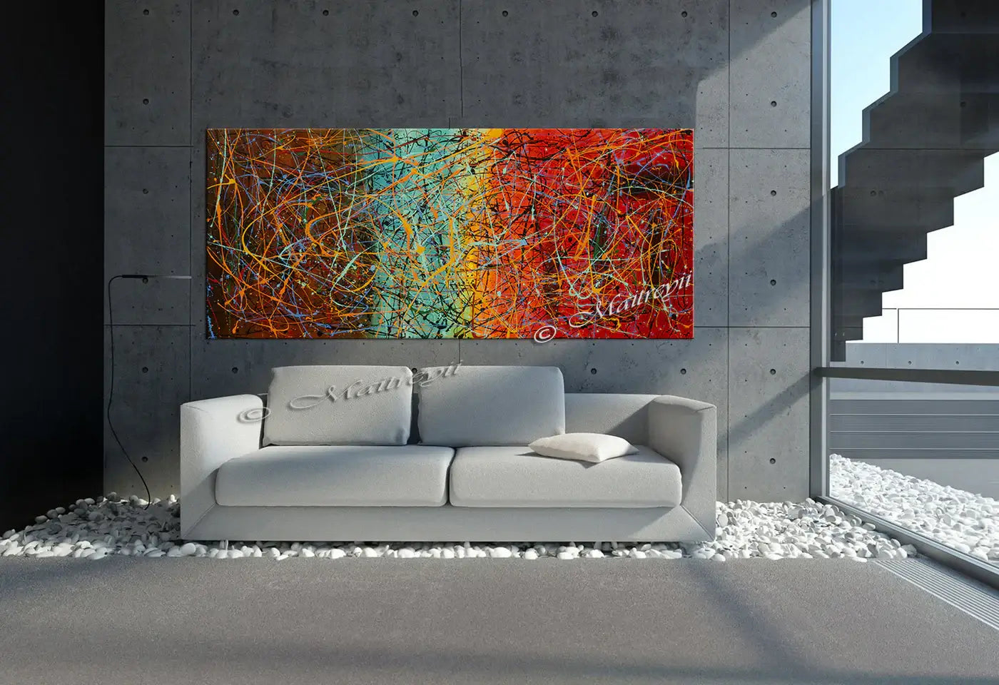 Jackson Pollock Style abstract artwork painting in modern living room setting above gray sofa.
