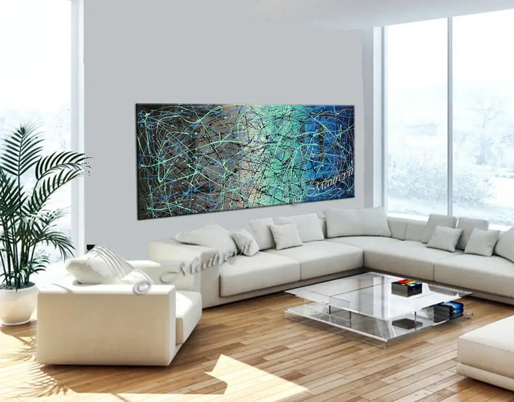 Jackson Pollock Style Painting displayed in a stylish living room with modern decor and natural lighting.