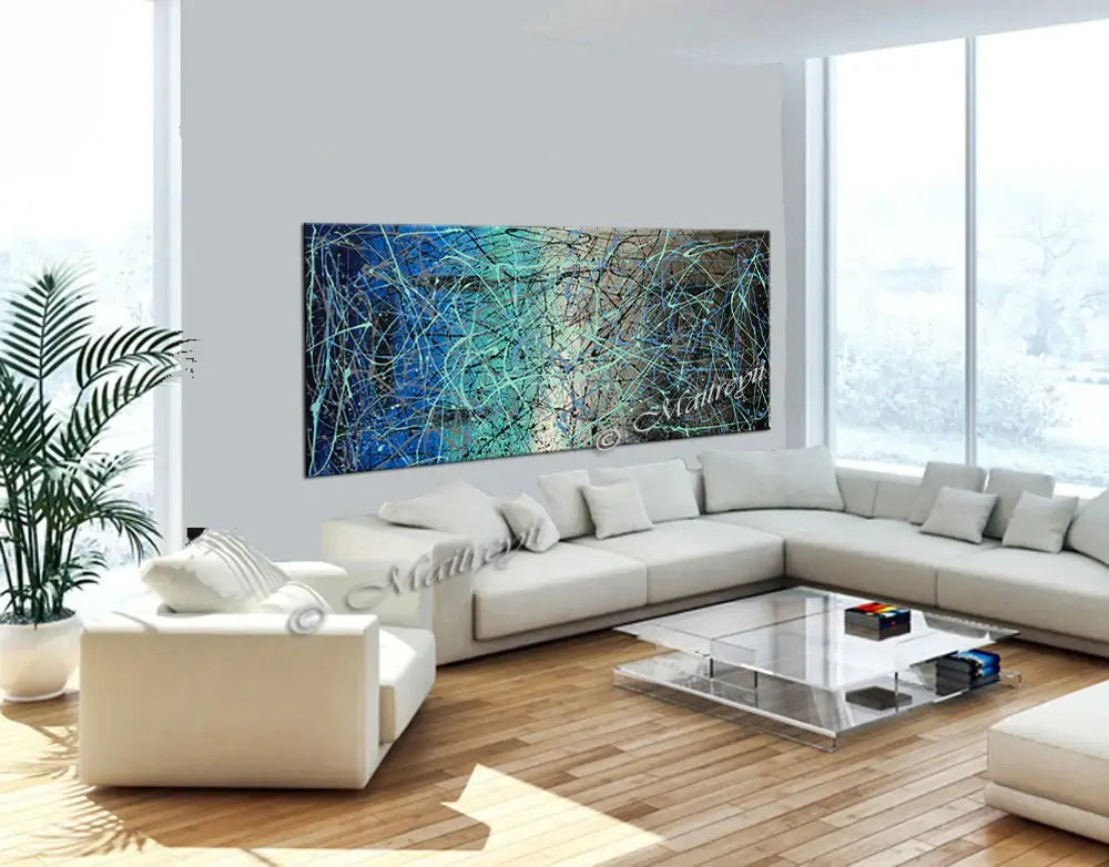 Jackson Pollock Style wall art showcased in a modern living room with contemporary decor.