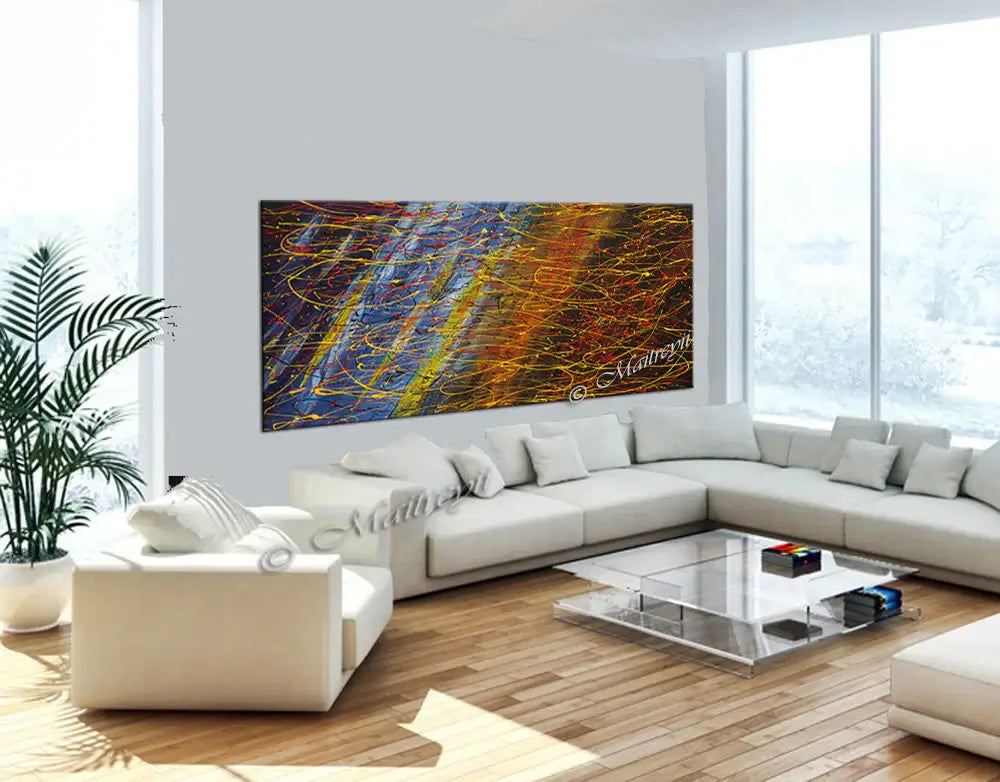 Jackson Pollock Style abstract artwork painting showcased in a modern living room with large windows.