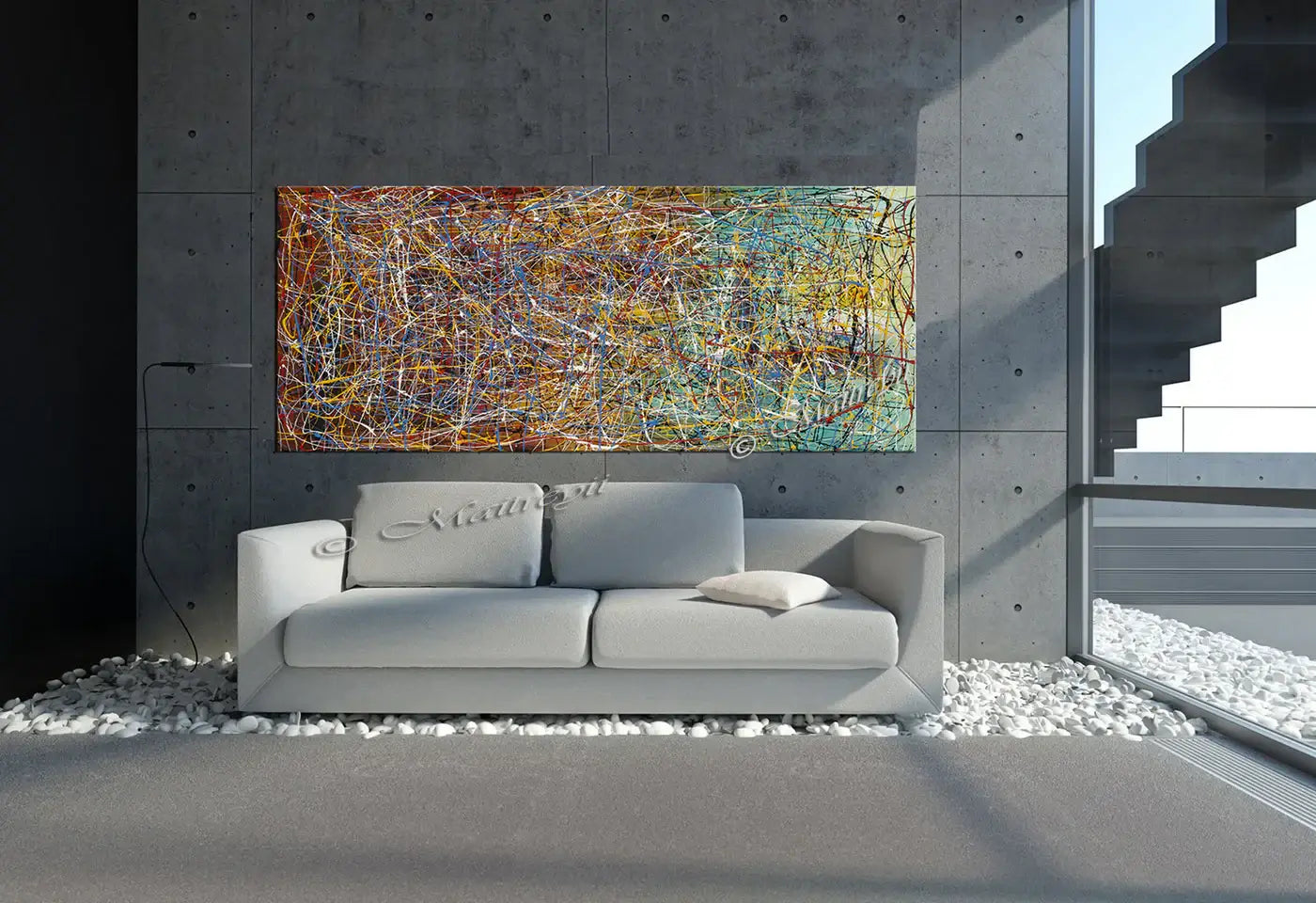 Jackson Pollock Style abstract artwork painting displayed in a modern living room setting.