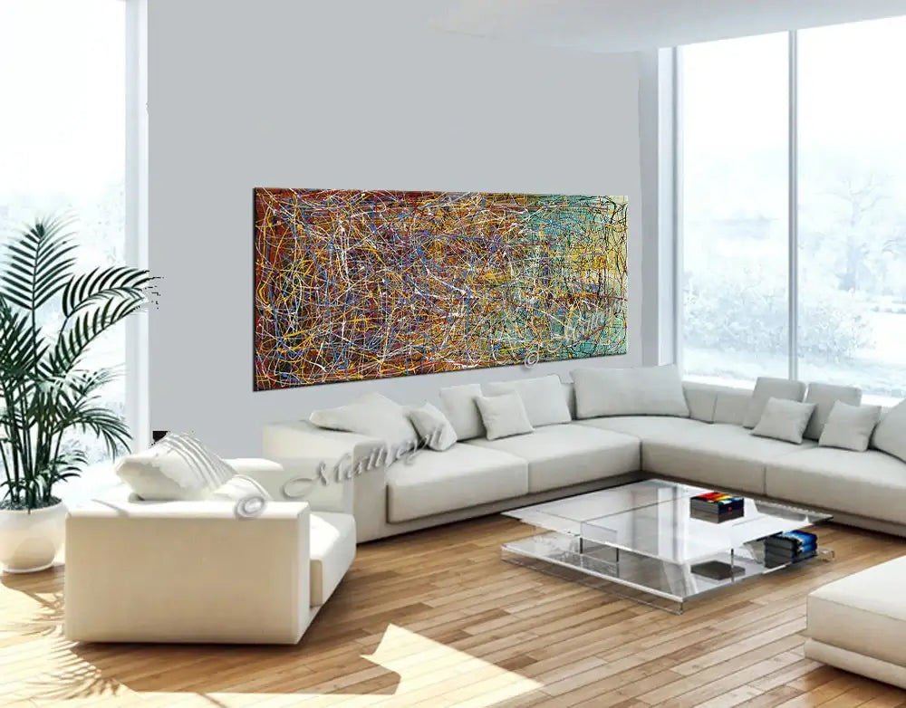 Jackson Pollock Style abstract artwork painting showcased in a modern living room setting with natural light.