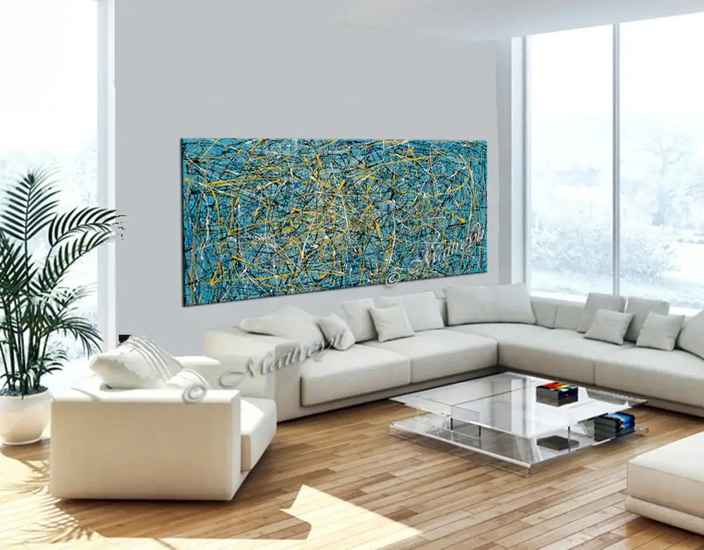 Jackson Pollock Style abstract painting displayed in a modern living room setting with large windows.