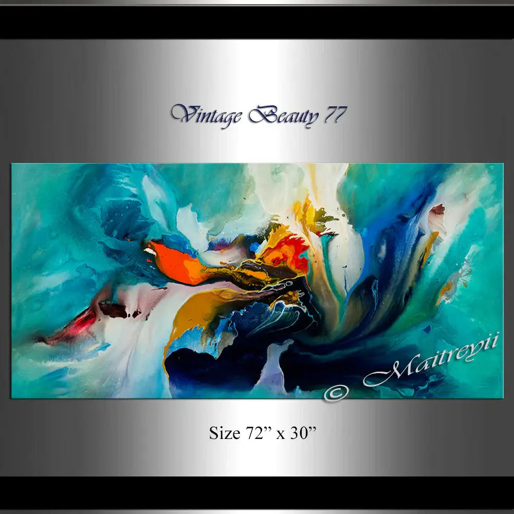 Modern Abstract Painting featuring vibrant colors and fluid design, titled Vintage Beauty 77, size 72" x 30".