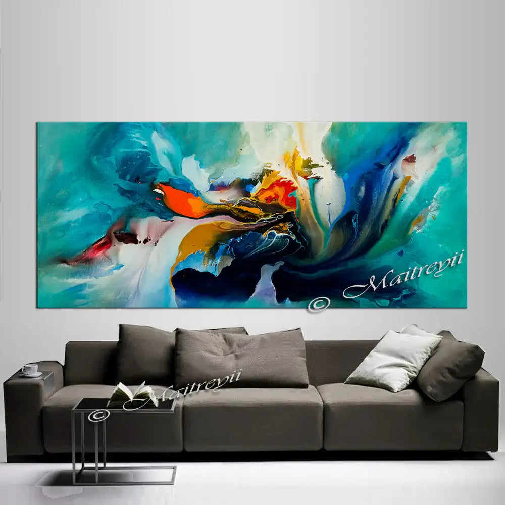 Modern Abstract Painting featuring vibrant colors and fluid shapes above a contemporary sofa in a modern interior design.