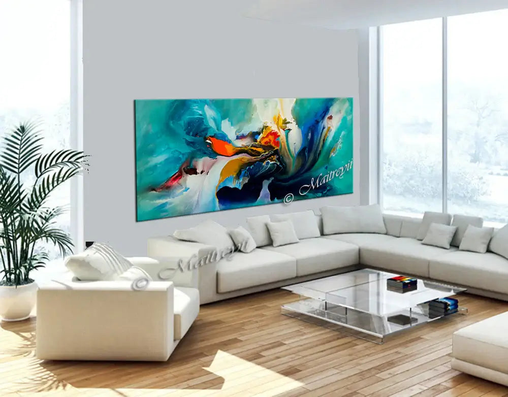 Modern Abstract Painting displayed in a bright living room, enhancing contemporary decor with vibrant colors.