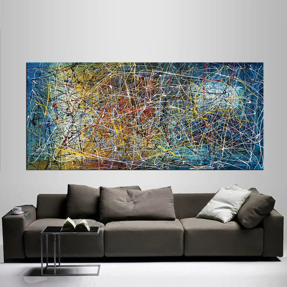 Home Decor Wall Art Paintings – Abstract Canvas Art- Vintage Beauty -7 hand-painted abstract canvas with colorful lines above modern sofa
