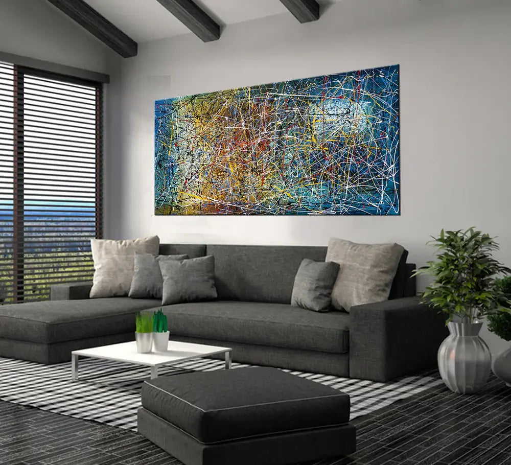 Alt Tag: Home Decor Wall Art Paintings – Abstract Canvas Art- Vintage Beauty -7 colorful abstract canvas above modern gray sofa living room decor