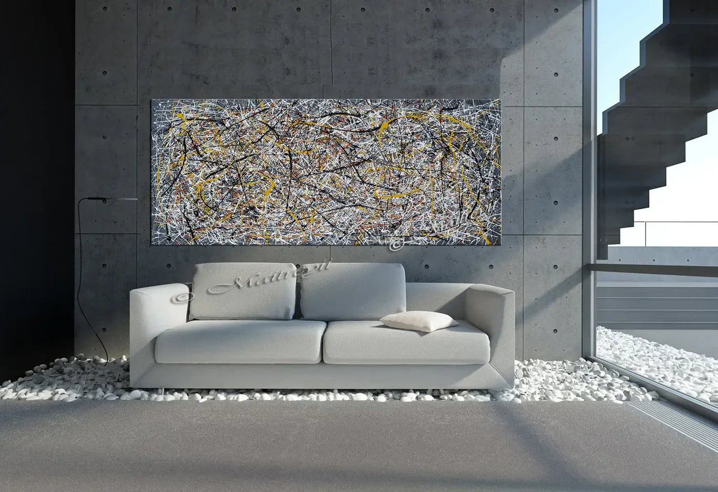Jackson Pollock Style artwork displayed above a modern sofa in a contemporary living room setting.
