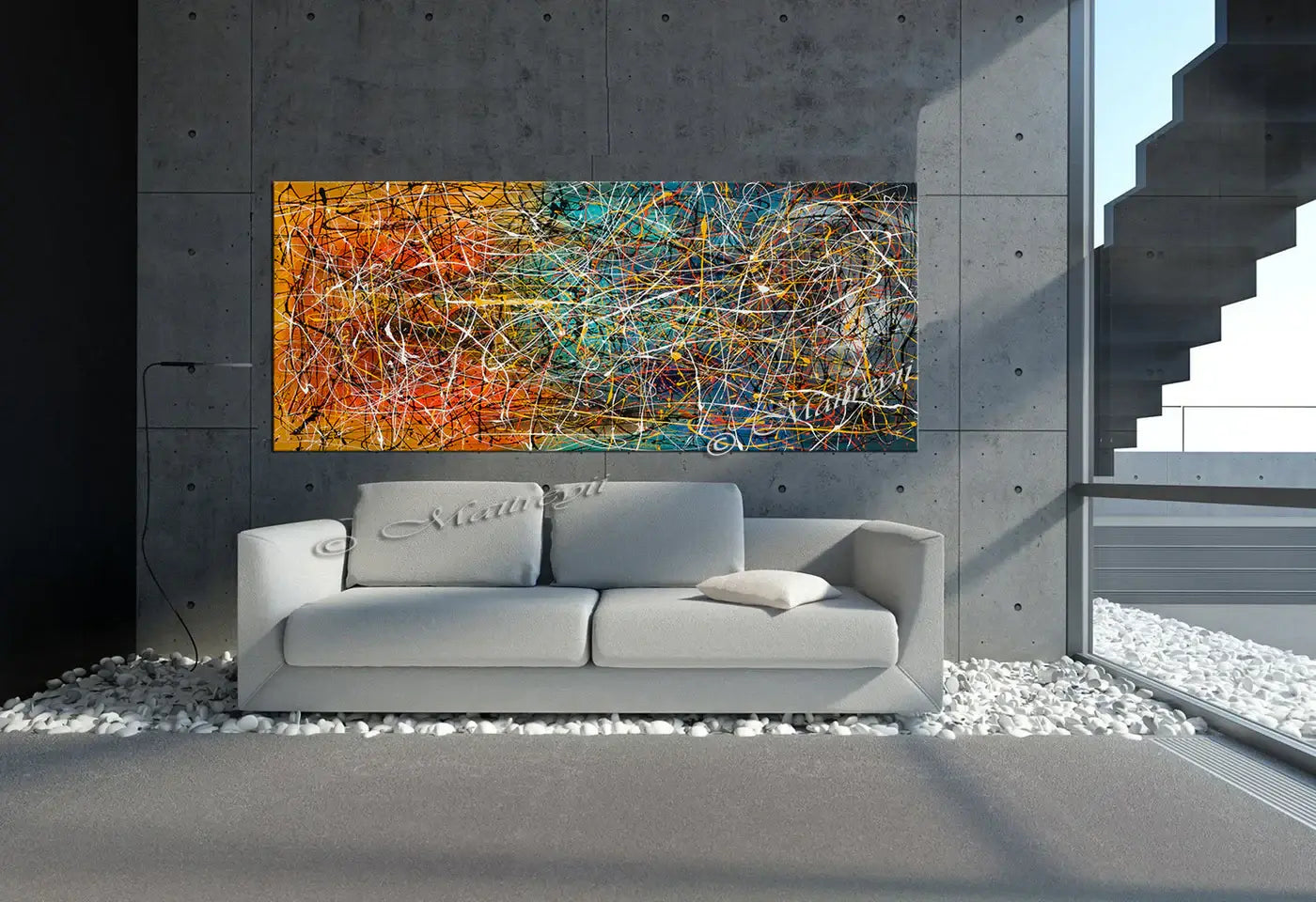 Jackson Pollock Style abstract artwork in modern living room with gray sofa and vibrant colors on the wall.
