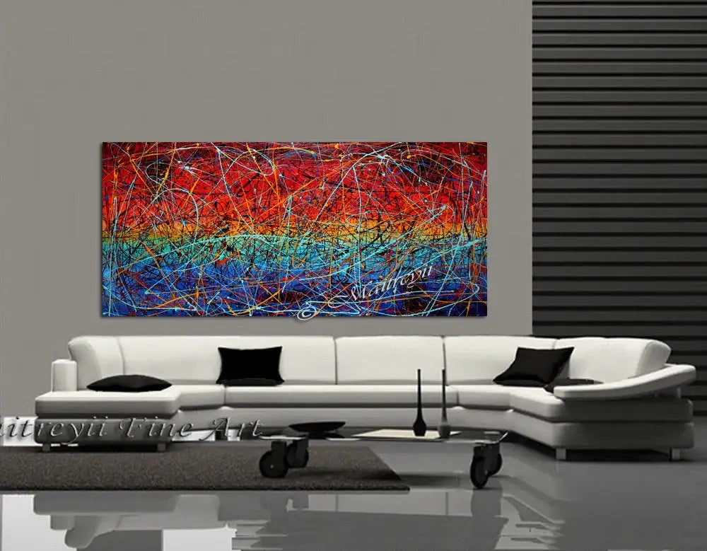 Painting Abstract Art in a modern living room setting, showcasing vibrant colors and dynamic brushwork.
