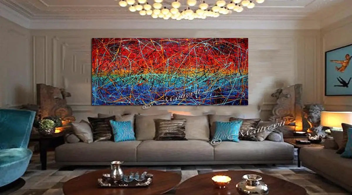 Painting Abstract Art - Handmade modern canvas showcasing vibrant colors in a stylish living room setting.